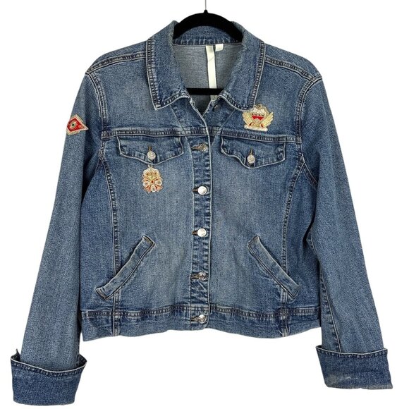 Debra deRoo Jackets & Blazers - Debra deRoo Embellished Denim Jacket Women’s Large Patch Detail Crown Crest VTG